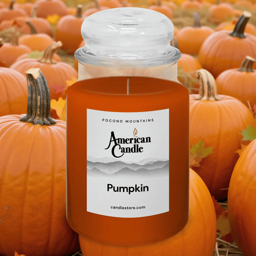 American Candle Pumpkin candle scented jar surrounded by pumpkins
