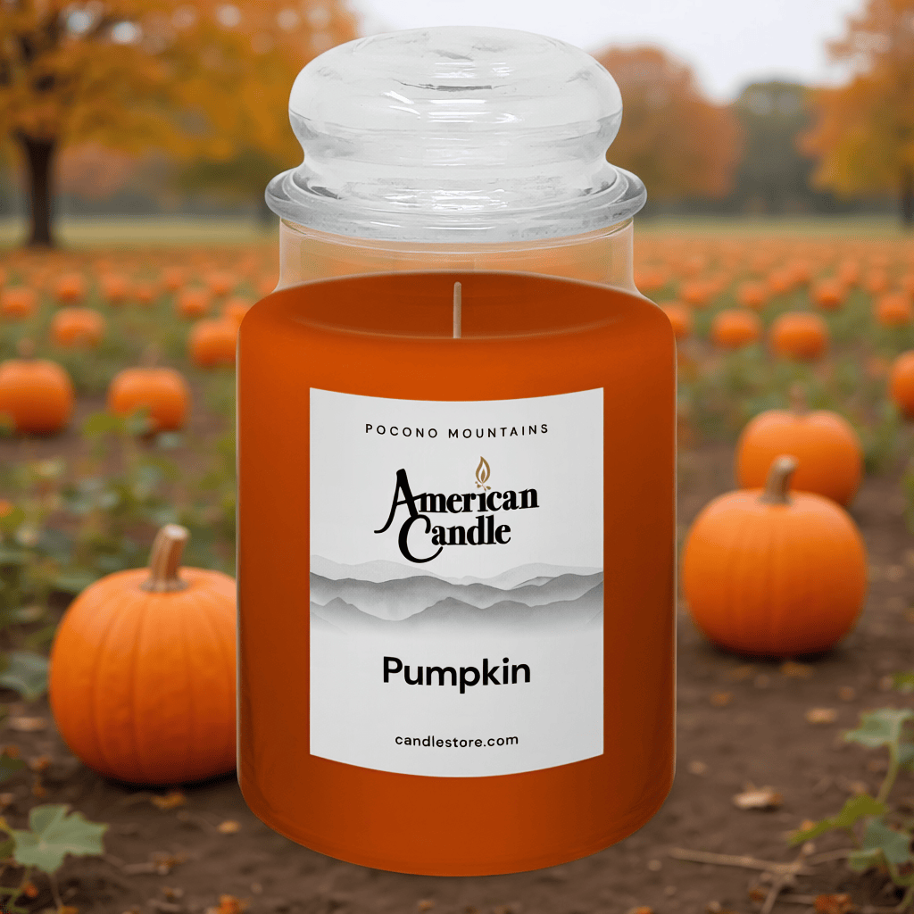 American Candle Pumpkin jar scented candle with a pumpkin patch in the background