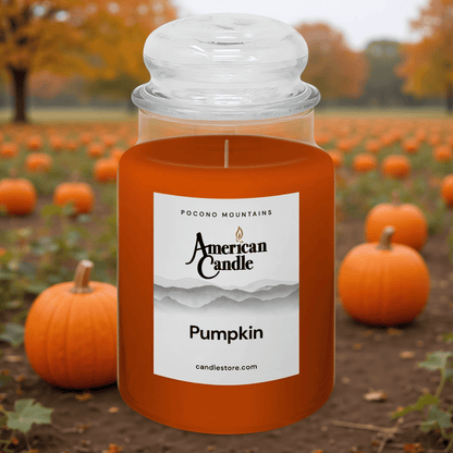 American Candle Pumpkin jar scented candle with a pumpkin patch in the background