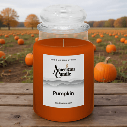 American Candle Pumpkin jar scented candle with a pumpkin field in the background on wooden table