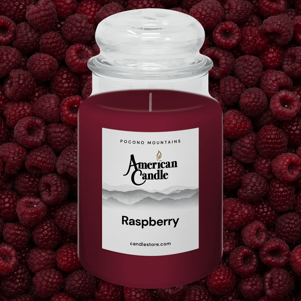American Candle raspberry scented jar candle a background of raspberries