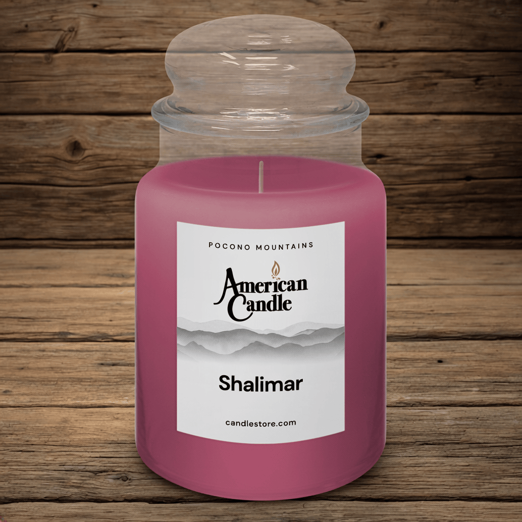 Shalimar Scented Jar Candle by American Candle on Wooden Table