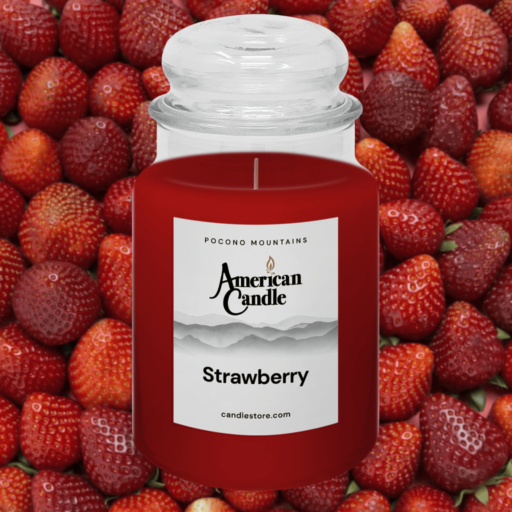 American Candle Strawberry scented jar candles surrounded by strawberries