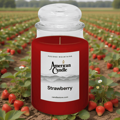 American Candle Strawberry scented jar candle in front of a strawberries orchard field