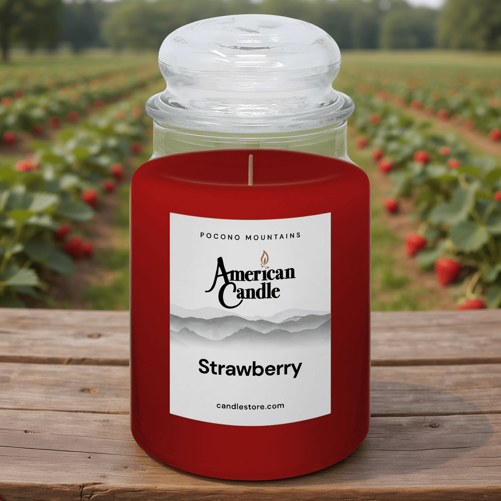 American Candle Strawberry scented jar candle on a wooden surface with a strawberries orcahrd field in the background