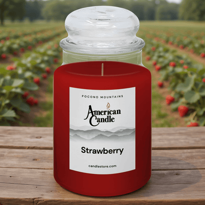 American Candle Strawberry scented jar candle on a wooden surface with a strawberries orcahrd field in the background