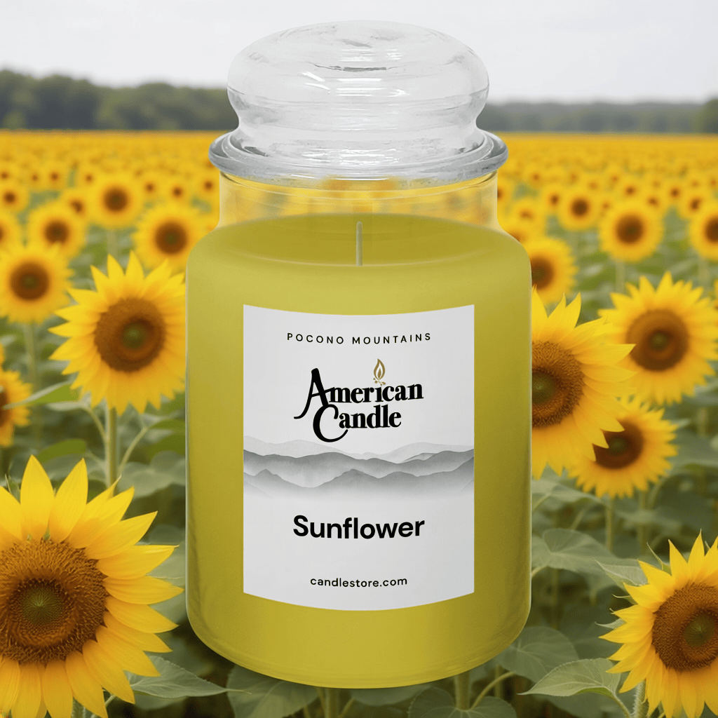 American Candle Sunflower scented Jar Candle with a sunflower field in the background