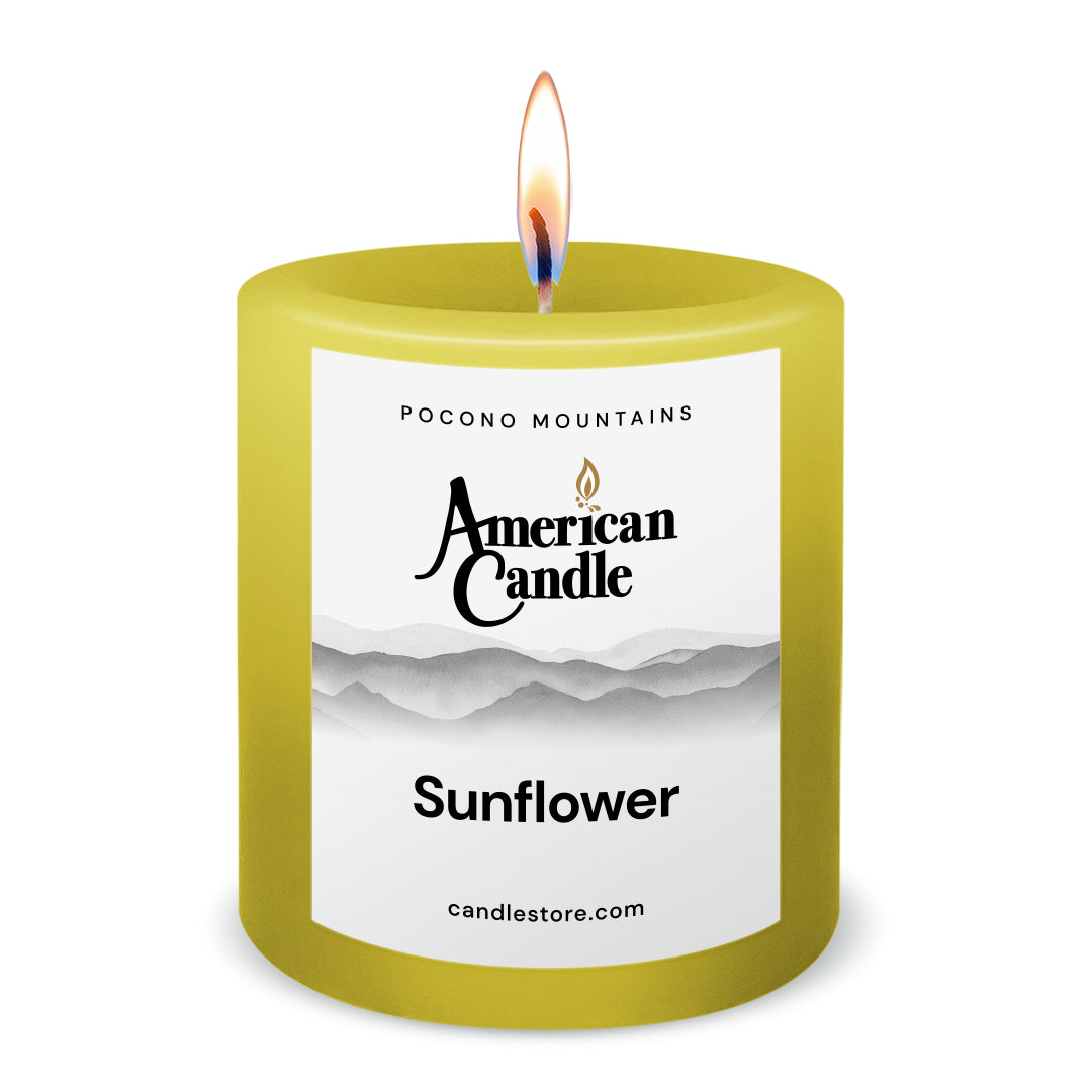 American Candle Sunflower 3x3 Scented Pillar Candle with Flame - Made in the USA