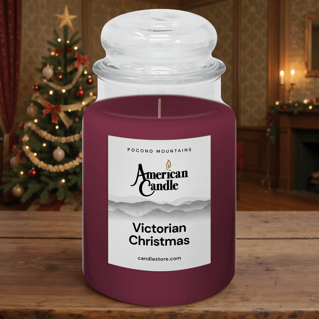 American Candle Victorian Christmas jar scented candle on a wooden table with a holiday festive background.