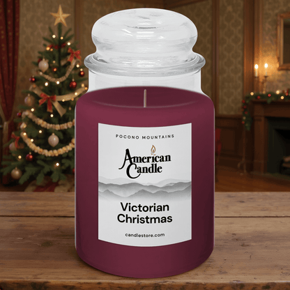 American Candle Victorian Christmas jar scented candle on a wooden table with a holiday festive background.